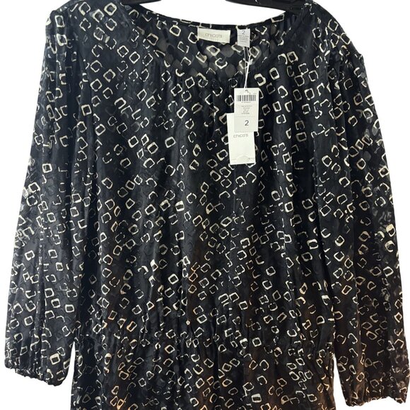 Chicos Black & White Semi-Sheer Geo Burnout Peasant Top Size 2 Polyester/Rayon B - Picture 1 of 11